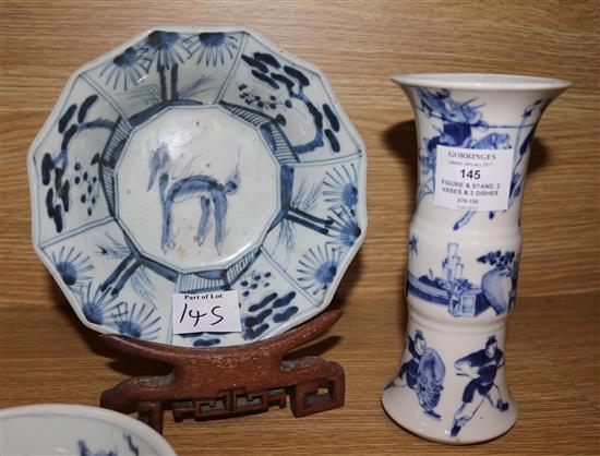 Two Chinese vases, three dishes, a hardwood figure and a stand